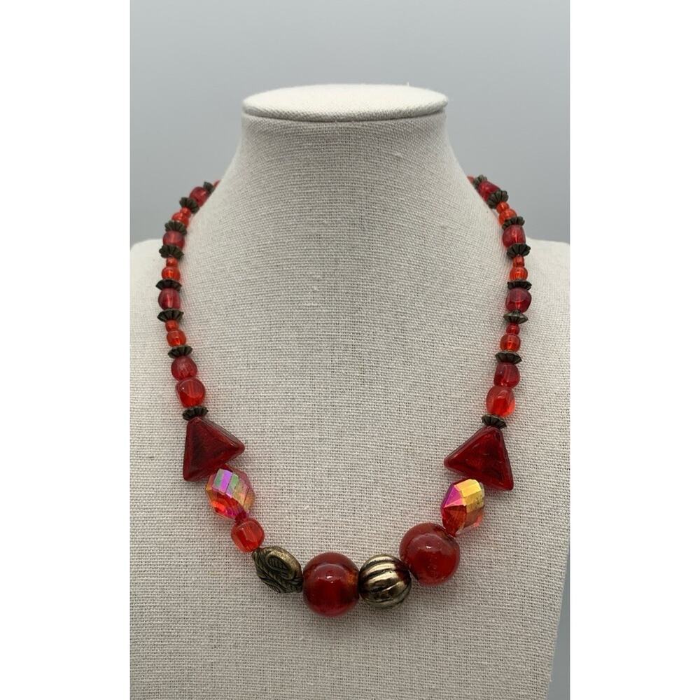 Beautiful Brass Tone And Red Beaded Necklace With A Few AB Coated Boho Beauty